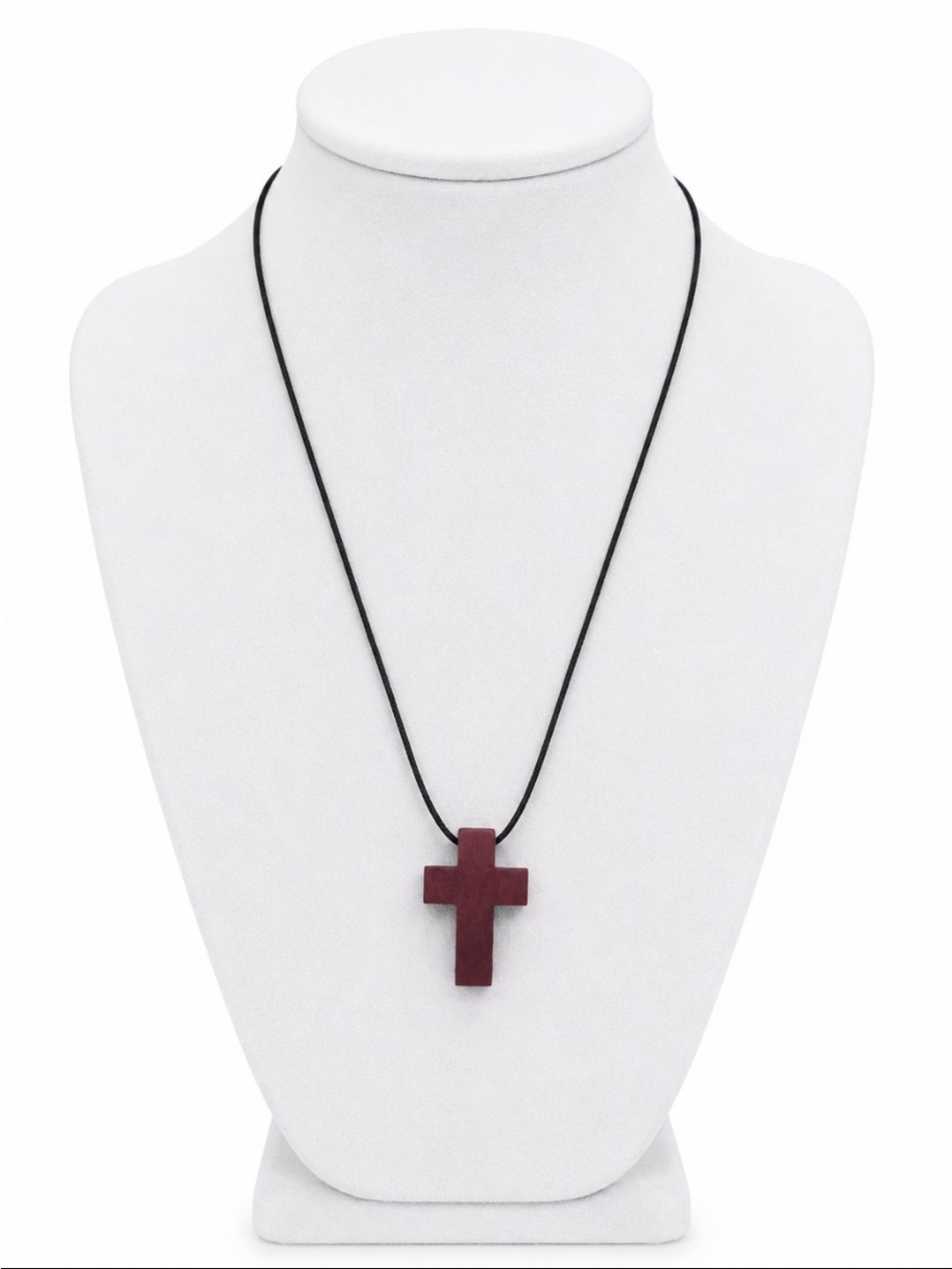 Wooden Burgundy Cross Pendant Necklace on Black Cord